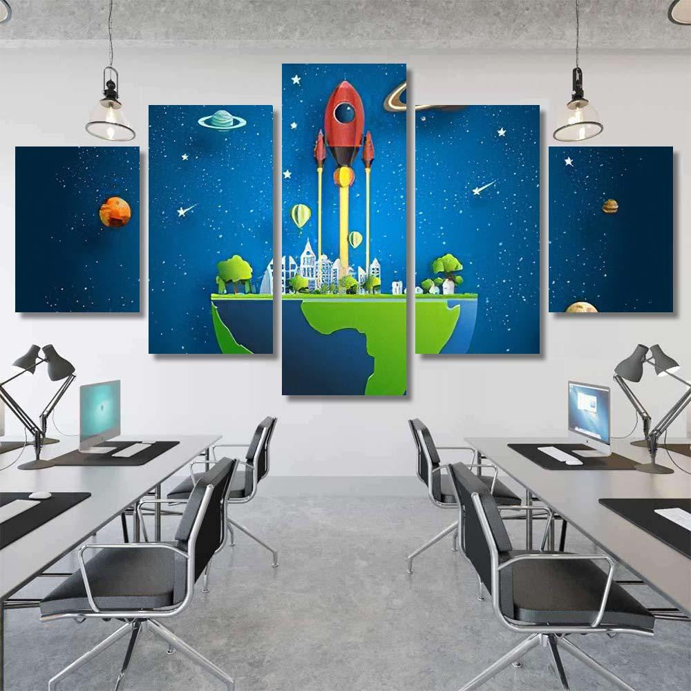 Paper Art Style Rocket Flying Over Galaxy Sky and Space Multi Piece Panel Canvas Home Decor Housewarming Gift Ideas Poster Canvas Gallery Prints