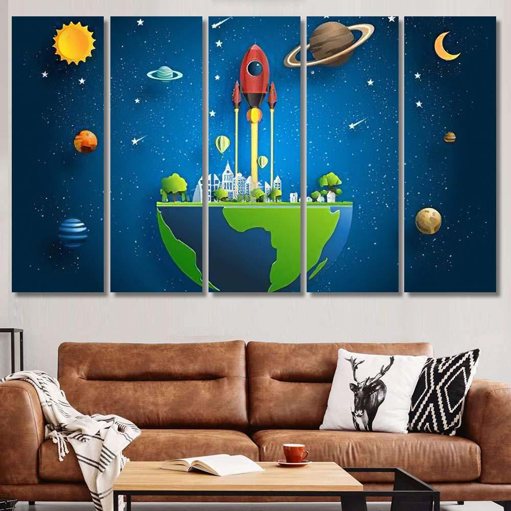 Paper Art Style Rocket Flying Over Galaxy Sky and Space Multi Piece Panel Canvas Home Decor Housewarming Gift Ideas Poster Canvas Gallery Prints