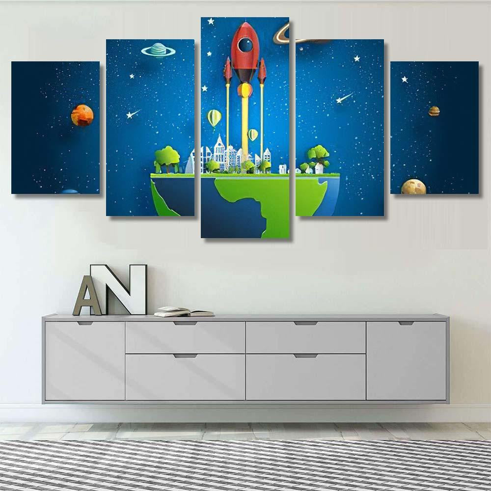 Paper Art Style Rocket Flying Over Galaxy Sky and Space Multi Piece Panel Canvas Home Decor Housewarming Gift Ideas Poster Canvas Gallery Prints