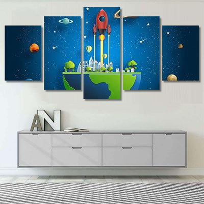 Paper Art Style Rocket Flying Over Galaxy Sky and Space Multi Piece Panel Canvas Home Decor Housewarming Gift Ideas Poster Canvas Gallery Prints