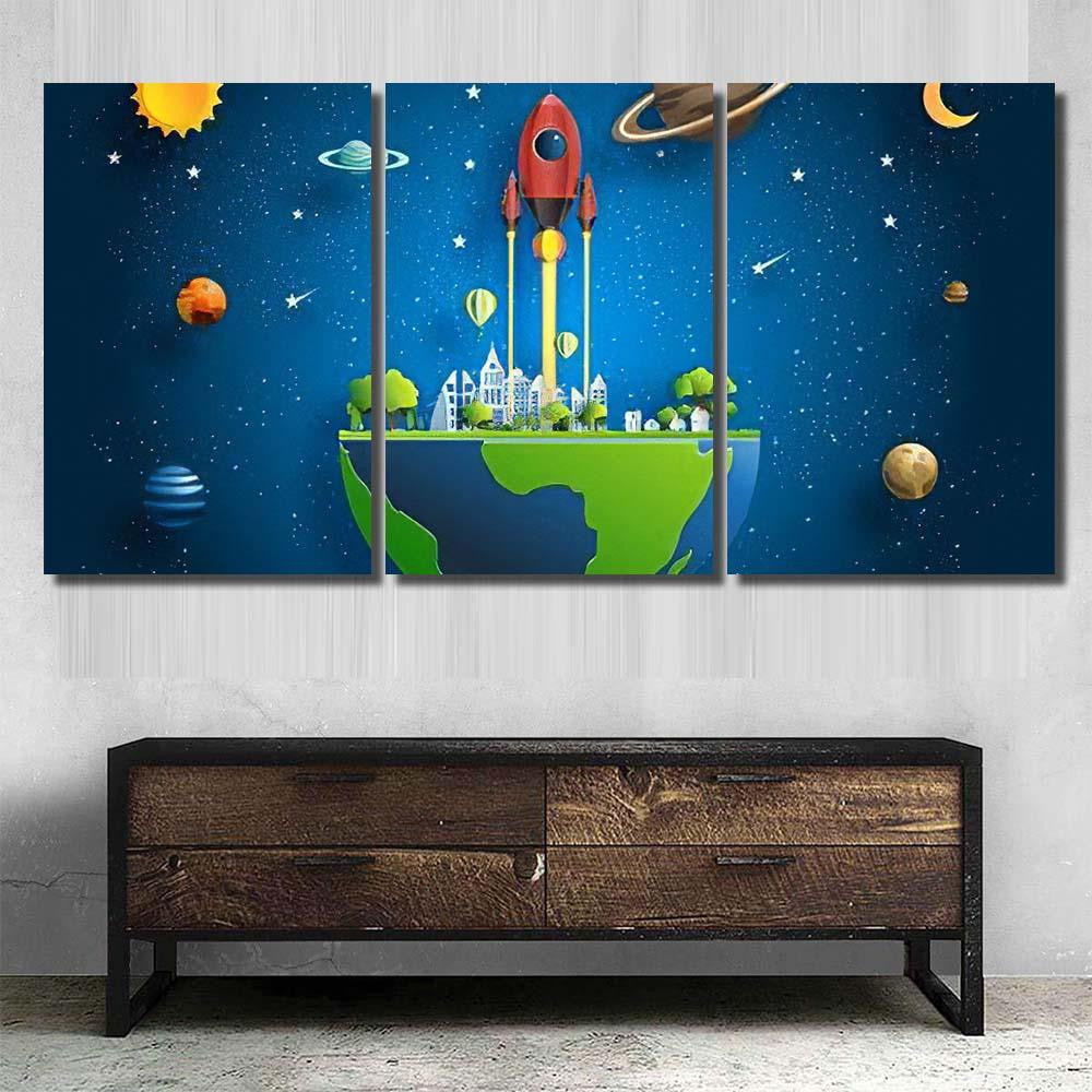 Paper Art Style Rocket Flying Over Galaxy Sky and Space Multi Piece Panel Canvas Home Decor Housewarming Gift Ideas Poster Canvas Gallery Prints