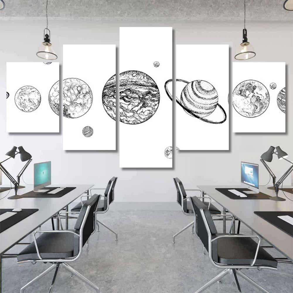 Planets Lined Row Solar System Drawn Galaxy Sky and Space Multi Piece Panel Canvas Home Decor Housewarming Gift Ideas Poster Canvas Gallery Prints