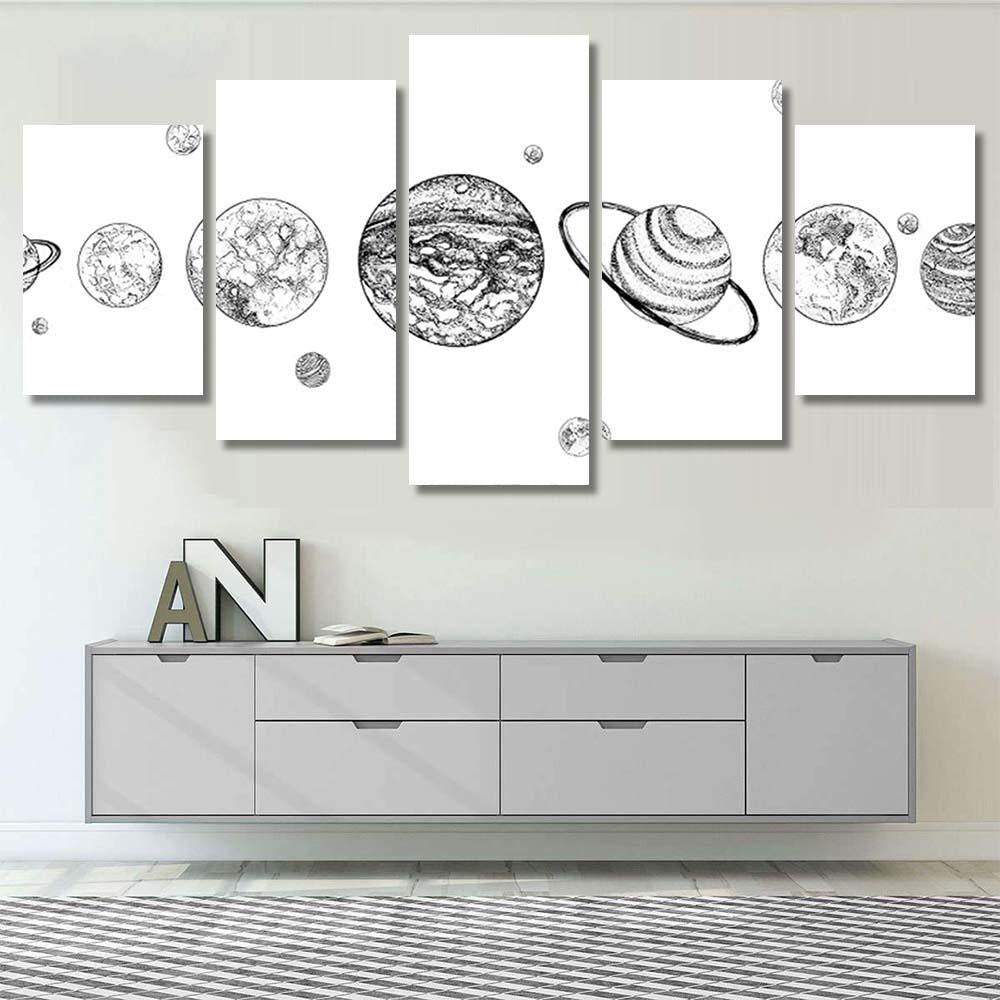 Planets Lined Row Solar System Drawn Galaxy Sky and Space Multi Piece Panel Canvas Home Decor Housewarming Gift Ideas Poster Canvas Gallery Prints