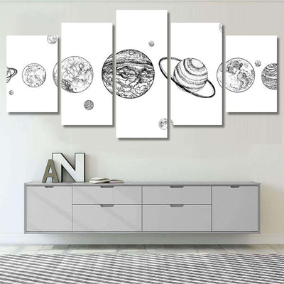 Planets Lined Row Solar System Drawn Galaxy Sky and Space Multi Piece Panel Canvas Home Decor Housewarming Gift Ideas Poster Canvas Gallery Prints