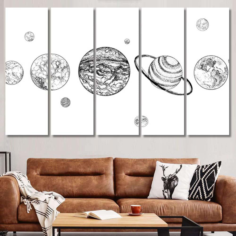 Planets Lined Row Solar System Drawn Galaxy Sky and Space Multi Piece Panel Canvas Home Decor Housewarming Gift Ideas Poster Canvas Gallery Prints