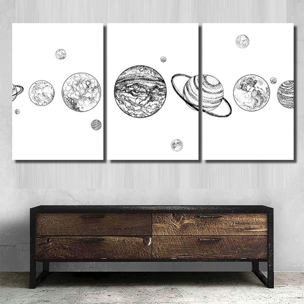 Planets Lined Row Solar System Drawn Galaxy Sky and Space Multi Piece Panel Canvas Home Decor Housewarming Gift Ideas Poster Canvas Gallery Prints