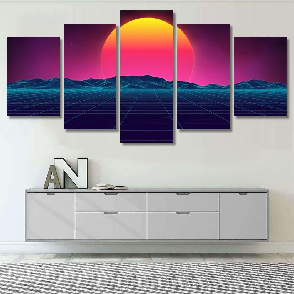 Retro Background Futuristic Landscape 1980S Style 13 Galaxy Sky and Space Multi Piece Panel Canvas Home Decor Housewarming Gift Ideas Poster Canvas Gallery Prints