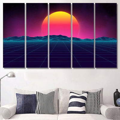 Retro Background Futuristic Landscape 1980S Style 13 Galaxy Sky and Space Multi Piece Panel Canvas Home Decor Housewarming Gift Ideas Poster Canvas Gallery Prints