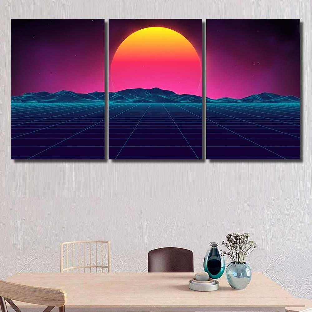 Retro Background Futuristic Landscape 1980S Style 13 Galaxy Sky and Space Multi Piece Panel Canvas Home Decor Housewarming Gift Ideas Poster Canvas Gallery Prints