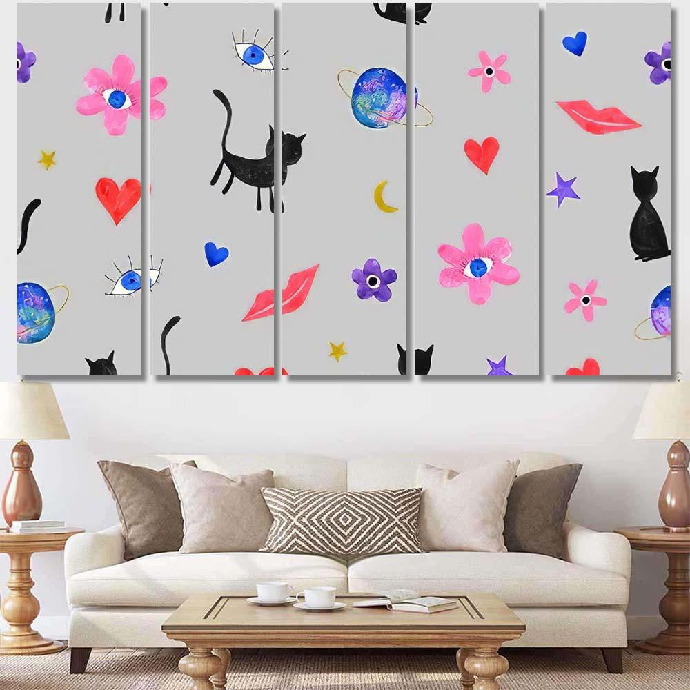 Hand Abstract Watercolor Cats Planets 6 Galaxy Sky and Space Multi Piece Panel Canvas Home Decor Housewarming Gift Ideas Poster Canvas Gallery Prints