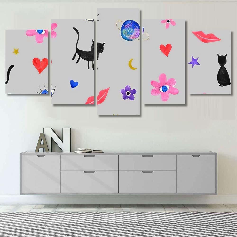 Hand Abstract Watercolor Cats Planets 6 Galaxy Sky and Space Multi Piece Panel Canvas Home Decor Housewarming Gift Ideas Poster Canvas Gallery Prints