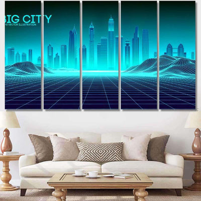 Retro Background Futuristic Landscape 1980S Style 6 Galaxy Sky and Space Multi Piece Panel Canvas Home Decor Housewarming Gift Ideas Poster Canvas Gallery Prints