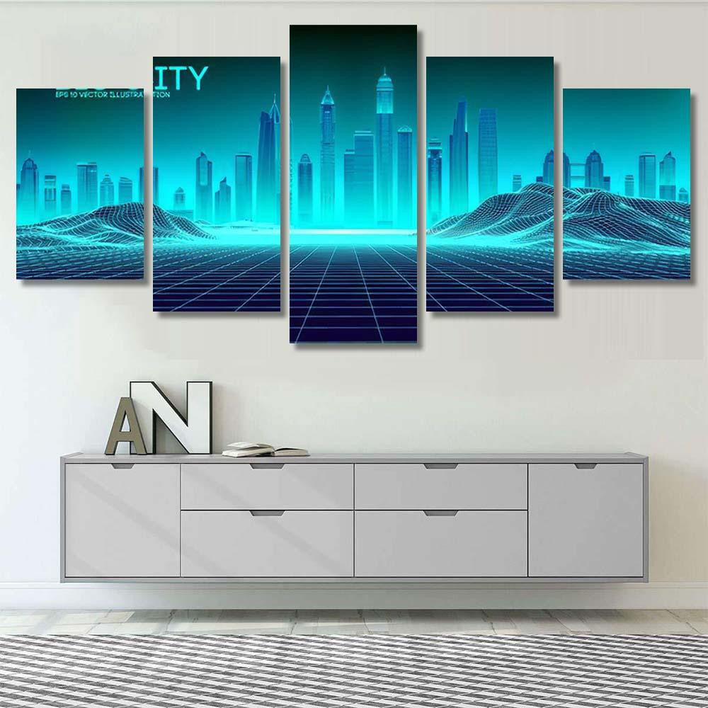 Retro Background Futuristic Landscape 1980S Style 6 Galaxy Sky and Space Multi Piece Panel Canvas Home Decor Housewarming Gift Ideas Poster Canvas Gallery Prints