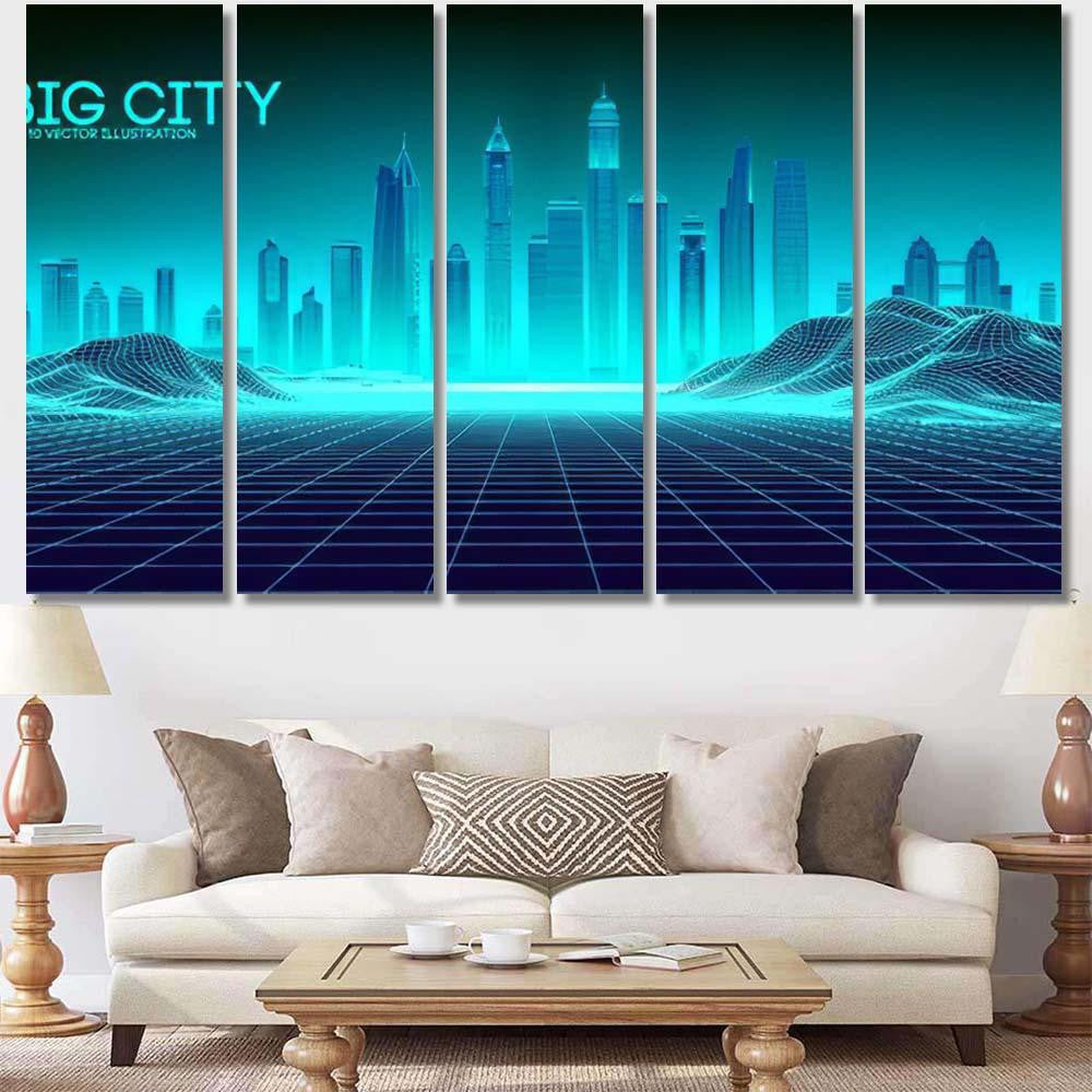Retro Background Futuristic Landscape 1980S Style 6 Galaxy Sky and Space Multi Piece Panel Canvas Home Decor Housewarming Gift Ideas Poster Canvas Gallery Prints