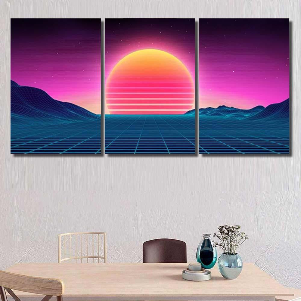 Retro Background Futuristic Landscape 1980S Style 2 Galaxy Sky and Space Multi Piece Panel Canvas Home Decor Housewarming Gift Ideas Poster Canvas Gallery Prints