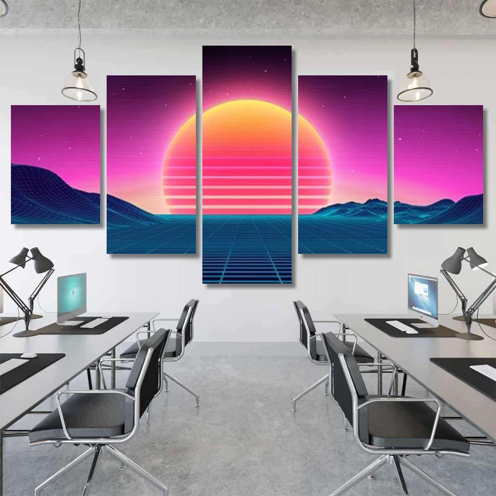 Retro Background Futuristic Landscape 1980S Style 2 Galaxy Sky and Space Multi Piece Panel Canvas Home Decor Housewarming Gift Ideas Poster Canvas Gallery Prints