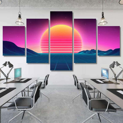 Retro Background Futuristic Landscape 1980S Style 2 Galaxy Sky and Space Multi Piece Panel Canvas Home Decor Housewarming Gift Ideas Poster Canvas Gallery Prints