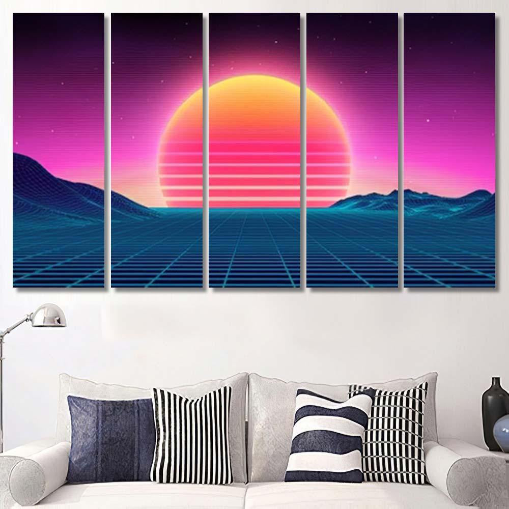 Retro Background Futuristic Landscape 1980S Style 2 Galaxy Sky and Space Multi Piece Panel Canvas Home Decor Housewarming Gift Ideas Poster Canvas Gallery Prints