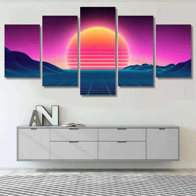 Retro Background Futuristic Landscape 1980S Style 2 Galaxy Sky and Space Multi Piece Panel Canvas Home Decor Housewarming Gift Ideas Poster Canvas Gallery Prints