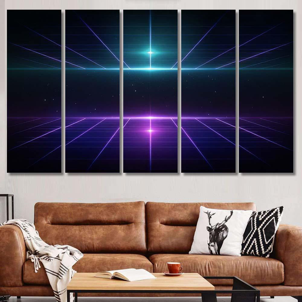Retro Scifi Background Futuristic Grid Landscape 2 Galaxy Sky and Space Multi Piece Panel Canvas Home Decor Housewarming Gift Ideas Poster Canvas Gallery Prints