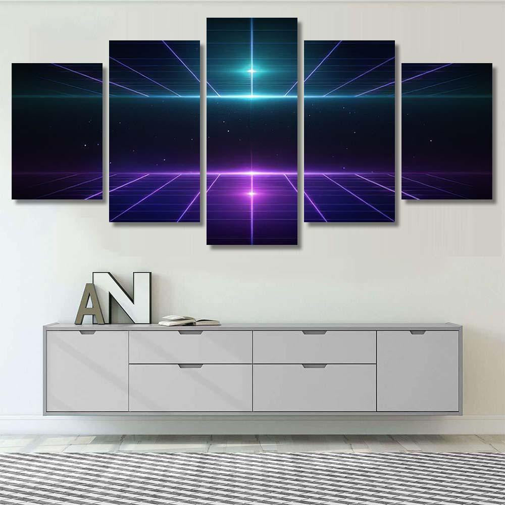 Retro Scifi Background Futuristic Grid Landscape 2 Galaxy Sky and Space Multi Piece Panel Canvas Home Decor Housewarming Gift Ideas Poster Canvas Gallery Prints