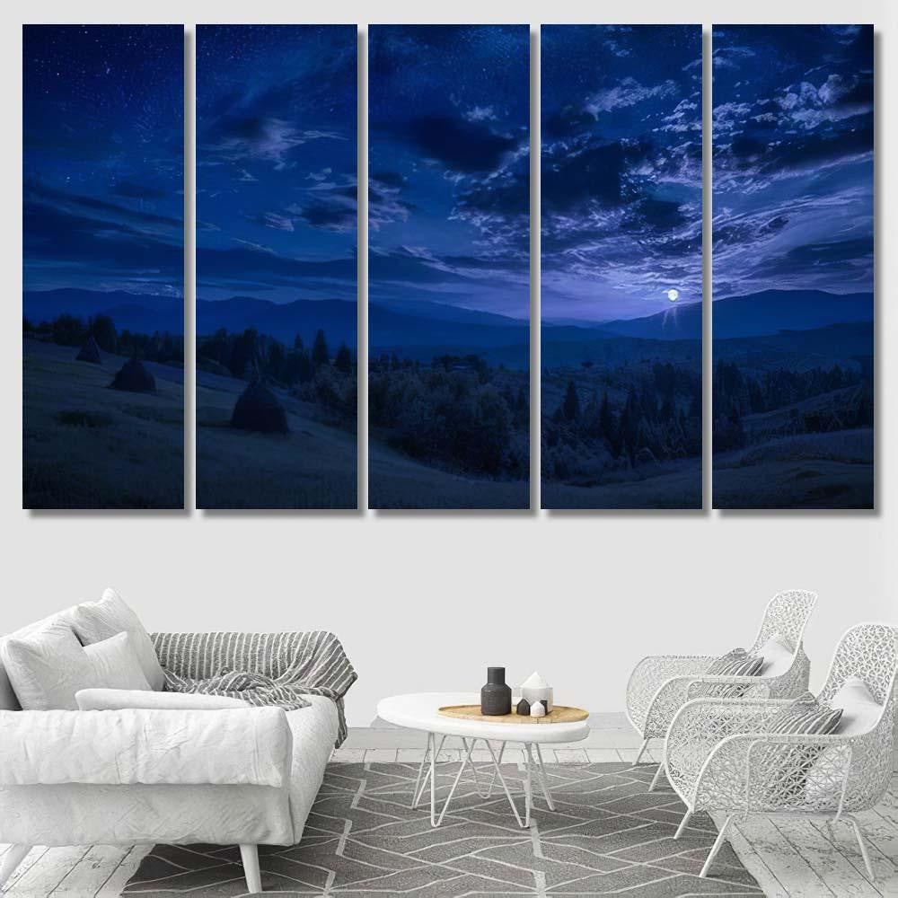 Rising Full Moon Mountain Valley Stars Galaxy Sky and Space Multi Piece Panel Canvas Home Decor Housewarming Gift Ideas Poster Canvas Gallery Prints