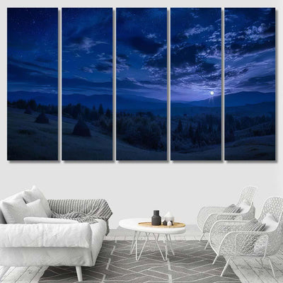 Rising Full Moon Mountain Valley Stars Galaxy Sky and Space Multi Piece Panel Canvas Home Decor Housewarming Gift Ideas Poster Canvas Gallery Prints