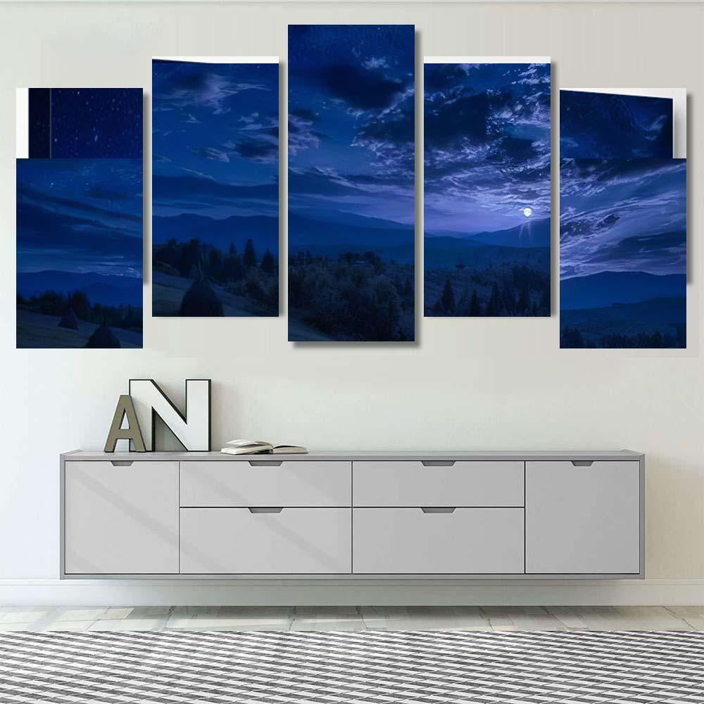 Rising Full Moon Mountain Valley Stars Galaxy Sky and Space Multi Piece Panel Canvas Home Decor Housewarming Gift Ideas Poster Canvas Gallery Prints