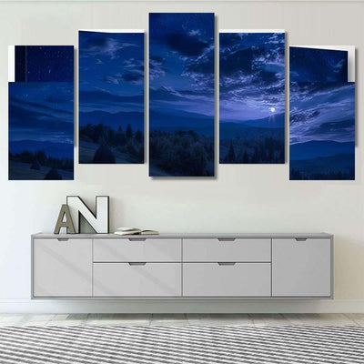 Rising Full Moon Mountain Valley Stars Galaxy Sky and Space Multi Piece Panel Canvas Home Decor Housewarming Gift Ideas Poster Canvas Gallery Prints
