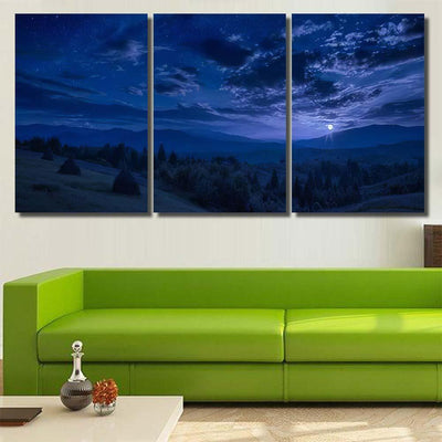 Rising Full Moon Mountain Valley Stars Galaxy Sky and Space Multi Piece Panel Canvas Home Decor Housewarming Gift Ideas Poster Canvas Gallery Prints