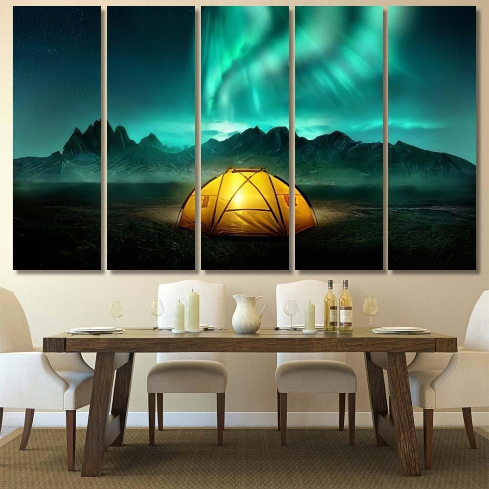 Glowing Yellow Camping Tent Under Beautiful 1 Galaxy Sky and Space Multi Piece Panel Canvas Home Decor Housewarming Gift Ideas Poster Canvas Gallery Prints
