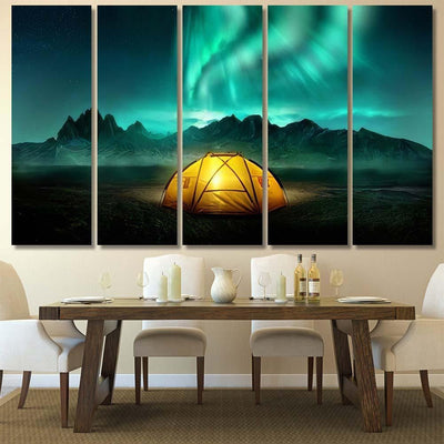 Glowing Yellow Camping Tent Under Beautiful 1 Galaxy Sky and Space Multi Piece Panel Canvas Home Decor Housewarming Gift Ideas Poster Canvas Gallery Prints