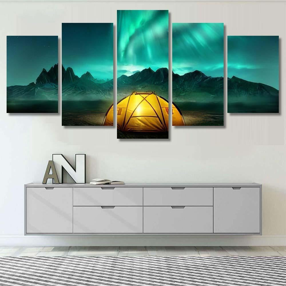 Glowing Yellow Camping Tent Under Beautiful 1 Galaxy Sky and Space Multi Piece Panel Canvas Home Decor Housewarming Gift Ideas Poster Canvas Gallery Prints