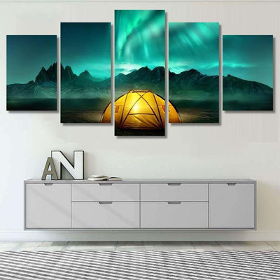 Glowing Yellow Camping Tent Under Beautiful 1 Galaxy Sky and Space Multi Piece Panel Canvas Home Decor Housewarming Gift Ideas Poster Canvas Gallery Prints