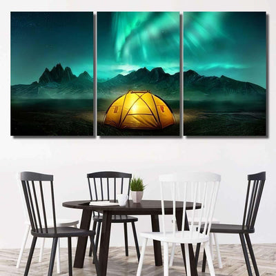 Glowing Yellow Camping Tent Under Beautiful 1 Galaxy Sky and Space Multi Piece Panel Canvas Home Decor Housewarming Gift Ideas Poster Canvas Gallery Prints