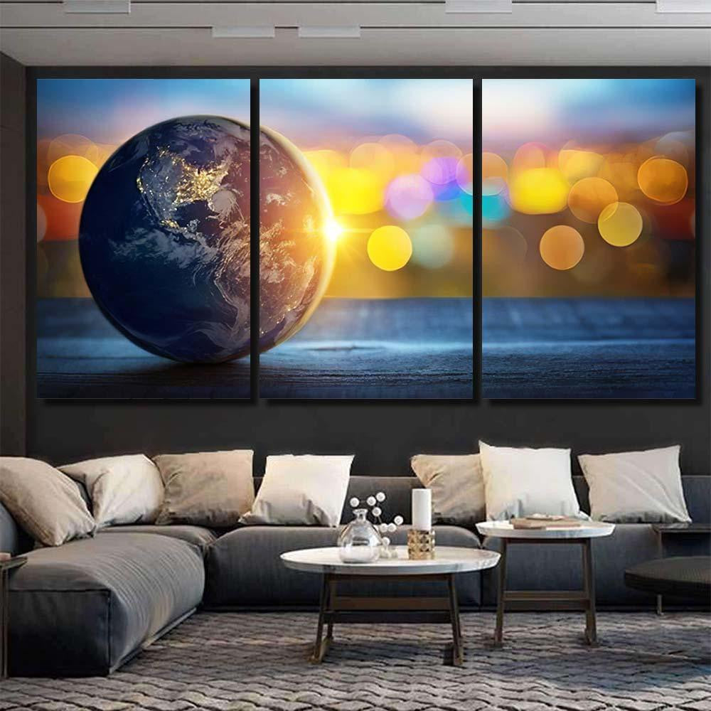 Planet Earth On Background Blurred Lights 3 Galaxy Sky and Space Multi Piece Panel Canvas Home Decor Housewarming Gift Ideas Poster Canvas Gallery Prints