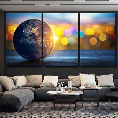 Planet Earth On Background Blurred Lights 3 Galaxy Sky and Space Multi Piece Panel Canvas Home Decor Housewarming Gift Ideas Poster Canvas Gallery Prints