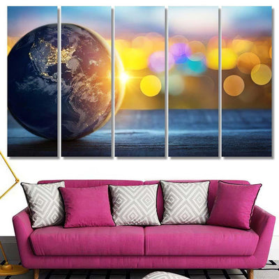 Planet Earth On Background Blurred Lights 3 Galaxy Sky and Space Multi Piece Panel Canvas Home Decor Housewarming Gift Ideas Poster Canvas Gallery Prints