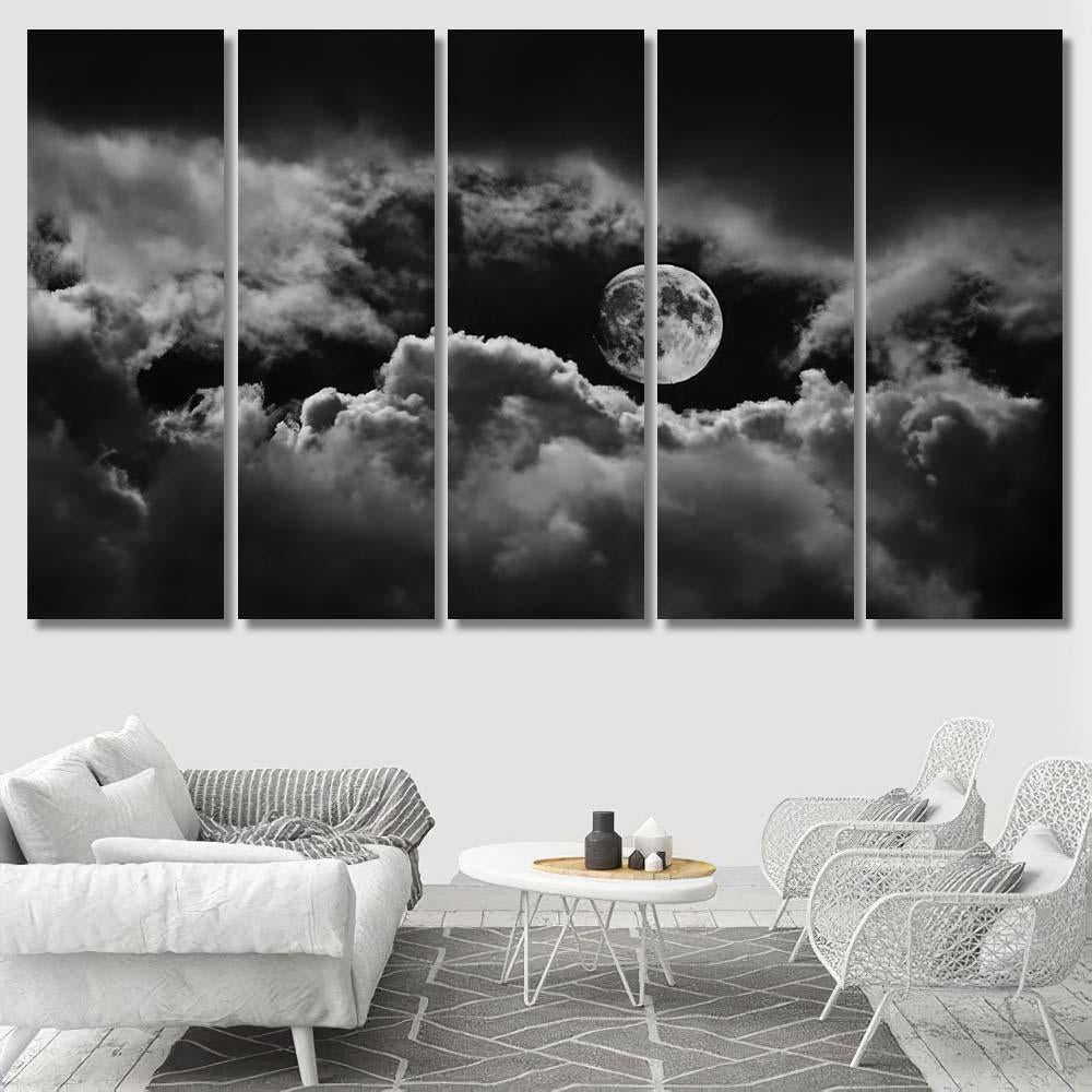 Moon Between Clouds Black White Galaxy Sky and Space Multi Piece Panel Canvas Home Decor Housewarming Gift Ideas Poster Canvas Gallery Prints