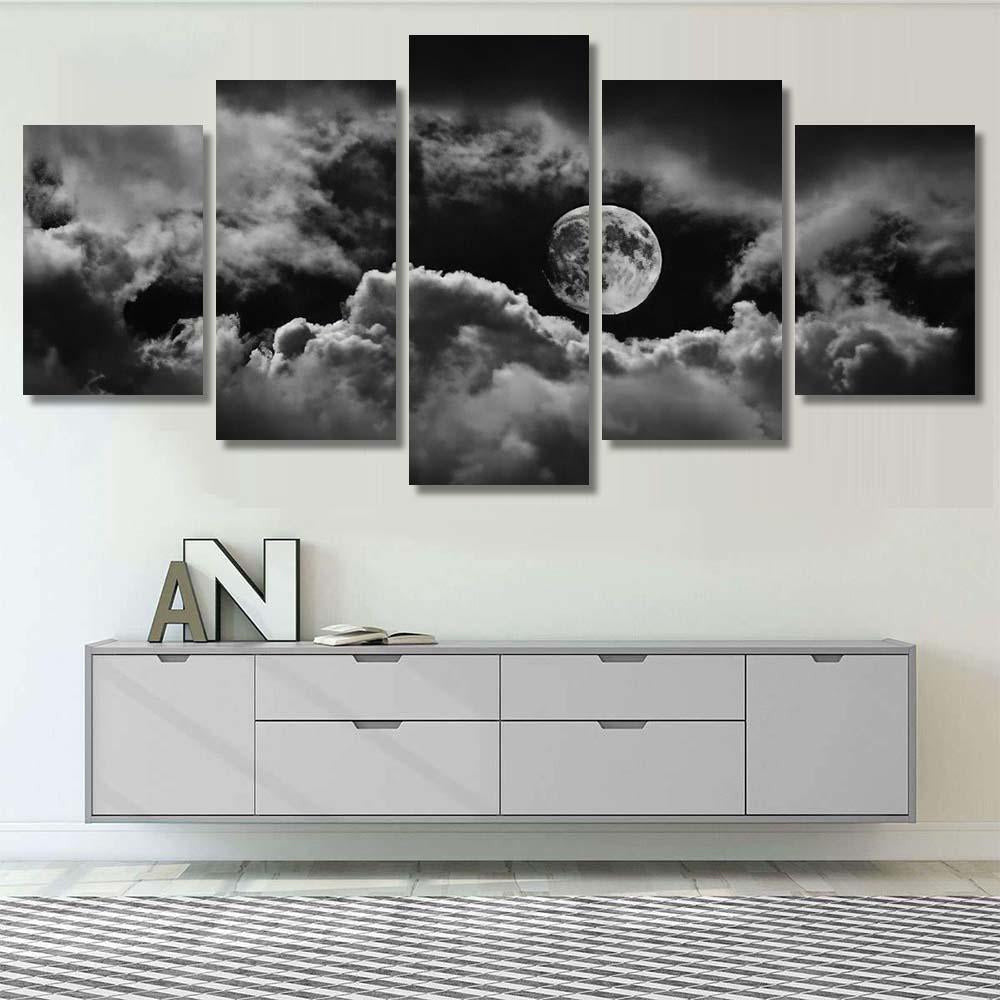 Moon Between Clouds Black White Galaxy Sky and Space Multi Piece Panel Canvas Home Decor Housewarming Gift Ideas Poster Canvas Gallery Prints