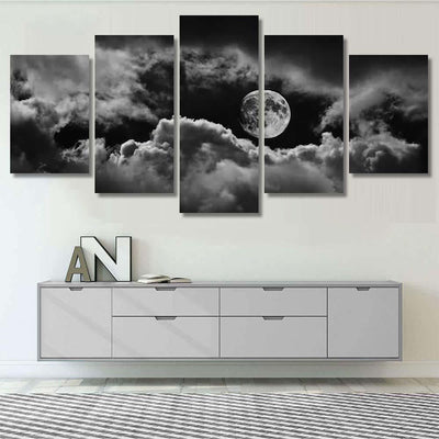 Moon Between Clouds Black White Galaxy Sky and Space Multi Piece Panel Canvas Home Decor Housewarming Gift Ideas Poster Canvas Gallery Prints