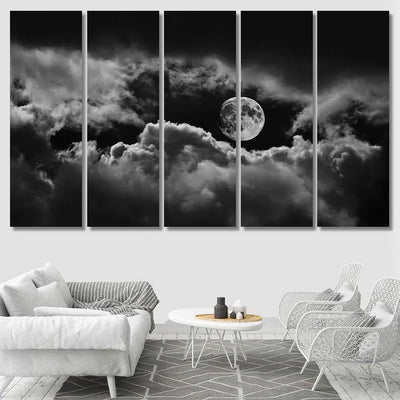 Moon Between Clouds Black White Galaxy Sky and Space Multi Piece Panel Canvas Home Decor Housewarming Gift Ideas Poster Canvas Gallery Prints