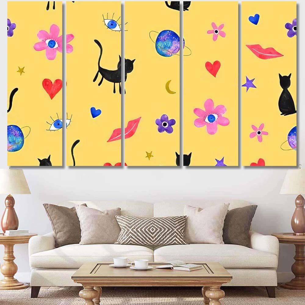 Hand Abstract Watercolor Cats Planets 4 Galaxy Sky and Space Multi Piece Panel Canvas Home Decor Housewarming Gift Ideas Poster Canvas Gallery Prints