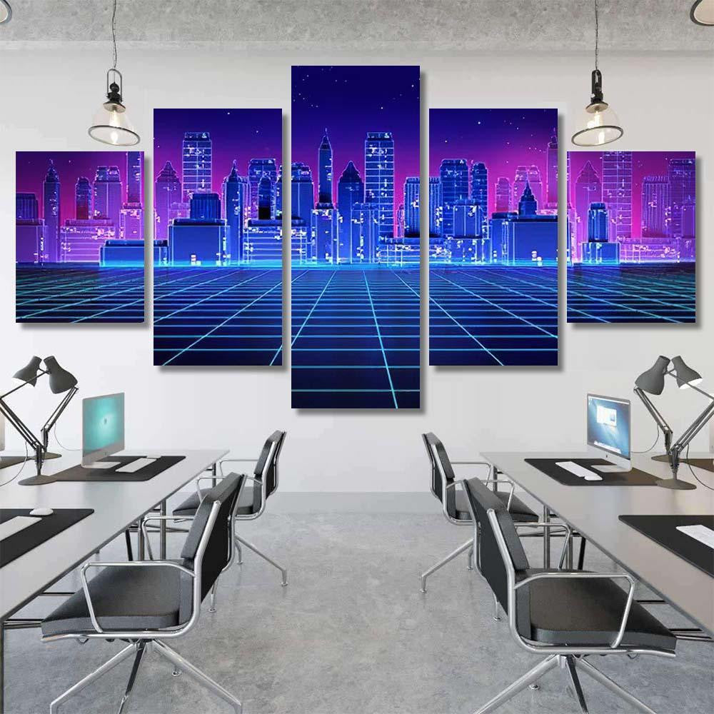 Retro Futuristic Skyscraper City 1980S Style 2 Galaxy Sky and Space Multi Piece Panel Canvas Home Decor Housewarming Gift Ideas Poster Canvas Gallery Prints