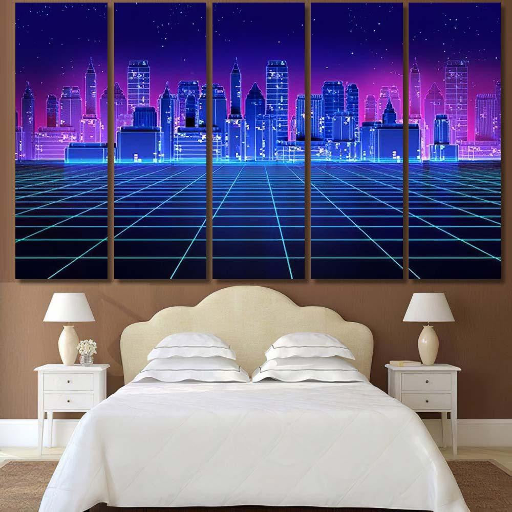 Retro Futuristic Skyscraper City 1980S Style 2 Galaxy Sky and Space Multi Piece Panel Canvas Home Decor Housewarming Gift Ideas Poster Canvas Gallery Prints