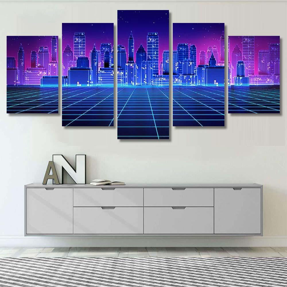Retro Futuristic Skyscraper City 1980S Style 2 Galaxy Sky and Space Multi Piece Panel Canvas Home Decor Housewarming Gift Ideas Poster Canvas Gallery Prints