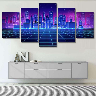 Retro Futuristic Skyscraper City 1980S Style 2 Galaxy Sky and Space Multi Piece Panel Canvas Home Decor Housewarming Gift Ideas Poster Canvas Gallery Prints