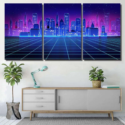 Retro Futuristic Skyscraper City 1980S Style 2 Galaxy Sky and Space Multi Piece Panel Canvas Home Decor Housewarming Gift Ideas Poster Canvas Gallery Prints