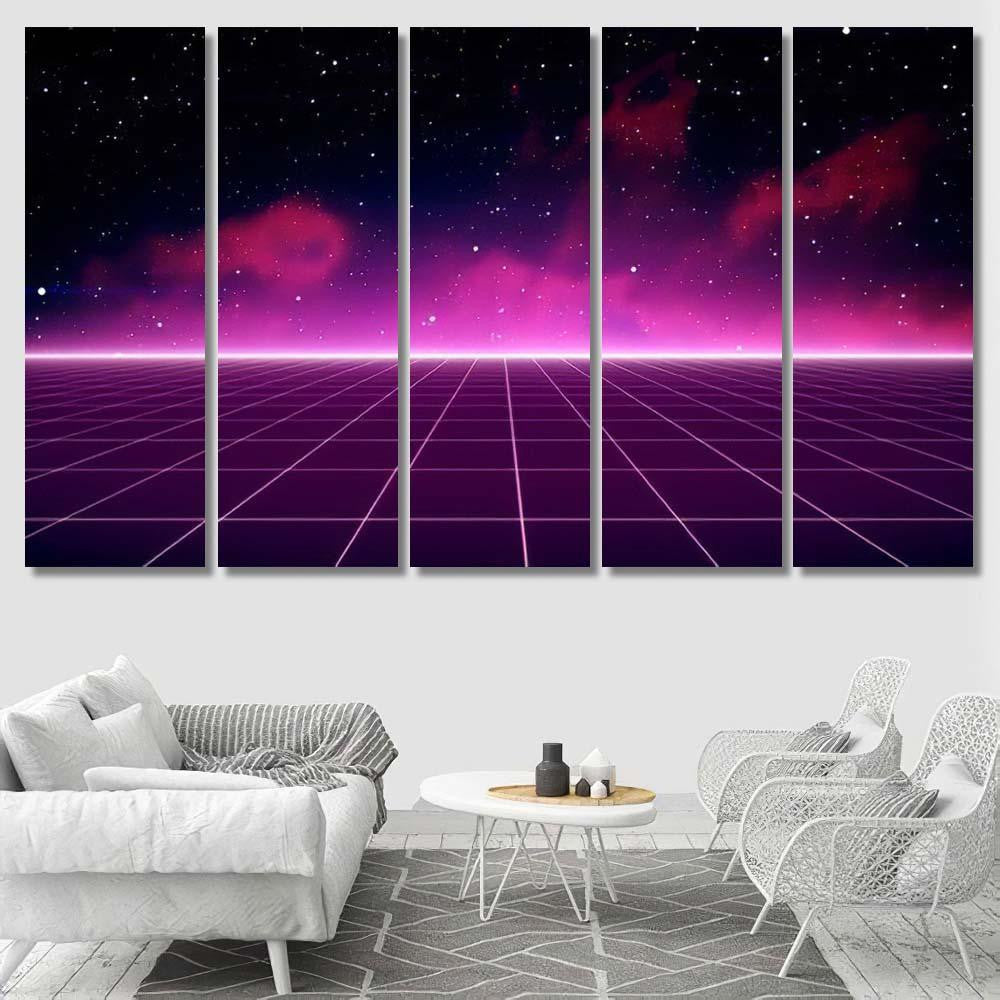 Retro Scifi Background Futuristic Landscape 80S 2 Galaxy Sky and Space Multi Piece Panel Canvas Home Decor Housewarming Gift Ideas Poster Canvas Gallery Prints