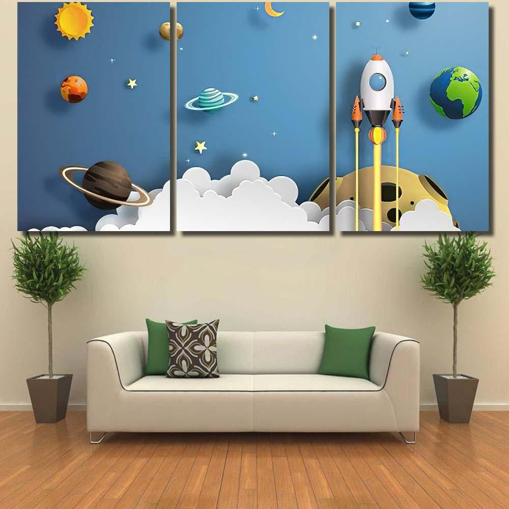 Paper Art Style Rocket Flying Space 3 Galaxy Sky and Space Multi Piece Panel Canvas Home Decor Housewarming Gift Ideas Poster Canvas Gallery Prints